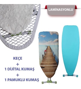 Kanat  Ayarlanabilir Keçe Laminasyonlu Tahtalı Yol Dijital Baskı ve Mavi Renk Ütü Masası Kumaşı 3'lü Set 34x110 cm