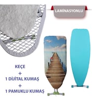 Kanat  Ayarlanabilir Keçe Laminasyonlu Tahtalı Yol Dijital Baskı ve Mavi Renk Ütü Masası Kumaşı 3'lü Set 34x110 cm