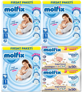Molfix Bebek Bezi Beden:1 (2-5KG) Yeni Doğan 246 Adet Aylık Fırsat Pk + 6 Adet Islak Mendil