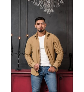 Likralı Fitilli Pamuklu Kışlık Kumaş Regular Fit Gömlek (Camel)