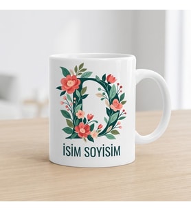 Kişiye Özel Baş Harf ve İsim Yazılı Çiçek Motiflili D Harfli Seramik Kupa Bardak
