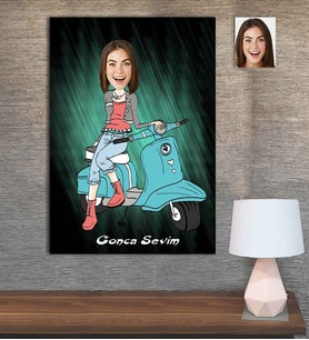 Kişiye Özel Karikatür Baskılı Ahşap Motorcu Kadın-7 30x40