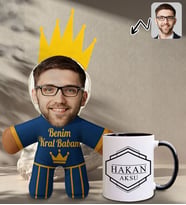 BK Gift Kişiye Özel Fotoğraflı Kral Babam Tasarımlı Bebek Yastık-2 & Siyah Kupa Bardak Hediye Seti-5, Babalar Günü Hediye, Babaya Hediye