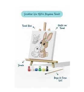 Sevimli Tavşan Temalı Çocuk Boyama Tuvali – Şövaleli Eğitici Boyama Seti 20x20 cm
