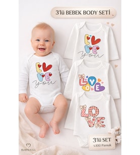 Love Temalı 3’lü Bebek Body Seti %100 Pamuk Uzun Kollu Çıtçıtlı Bebek Zıbını 0-24 Ay Unisex (Beyaz)