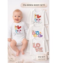 Love Temalı 3’lü Bebek Body Seti %100 Pamuk Uzun Kollu Çıtçıtlı Bebek Zıbını 0-24 Ay Unisex (Beyaz)
