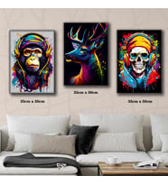 dj kulaklıklı maymun iskelet renkli geyik tablosu 3 adet 35cmx50cm kumaş baskılı canvas tablo