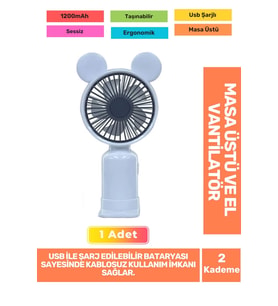 Sessiz 2 Kademeli Hafif Kablosuz 1200mAh Pervaneli Taşınabilir Usb Şarjlı Masa El Fanı Vantilatör