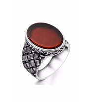 925 Ayar Gümüş Örgü Model Oval Bordo Akik Taşlı Erkek Yüzük (Kırmızı)