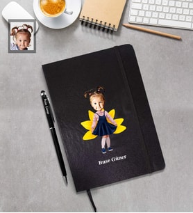 Kişiye Özel Kız Çocuk Karikatürlü Siyah Defter Kalem Hediye Seti Model-3