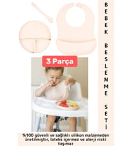 Kaymaz Sağlıklı Önlük Diş Kaşıyıcılı Kaşık Vakumlu Tabak 3 Parça Silikon Bebek Beslenme Seti Krem