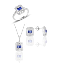 Söğütlü Silver Gümüş beyaz altın rodyumlu baget kesim safir taşlı çizgili üçlü set