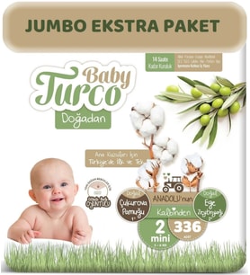 Baby Turco Bebek Bezi Doğadan Beden:2 (3-6Kg) Mini 336 Adet Jumbo Ekstra Pk