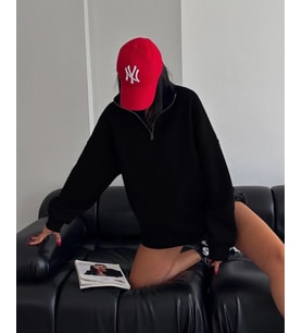 Kadın 3 İplik Pamuklu Oversize Yarım Fermuarlı Yakalı Basic Sweatshirt - Siyah