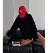 Kadın 3 İplik Pamuklu Oversize Yarım Fermuarlı Yakalı Basic Sweatshirt - Siyah