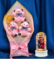 Kişiye Özel Ayıcık Buketi Seti  Büyük Boy Ayıcık Buketi ve Led Işıklı Fotoğraflı Fanus (Pembe)