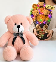 Kişiye Özel Yazılı Kahve Renkli LED Işıklı Peluş Ayıcık Buketi ve 50 cm Pembe Peluş Ayıcık Hediye Seti
