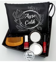Kişiye Özel Siyah Makyaj Çantası & Makyaj Aynası & Pastel Oje & Pastel Ruj & Tarak