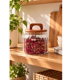 Atbyhome Akasya Kapaklı Çizgili Borosilikat Cam Kavanoz 850 ml - Vakumlu Büyük Boy Erzak Bakliyat Saklama Kabı