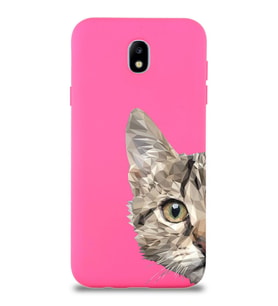 Samsung Galaxy J7 Pro Uyumlu Lansman Kılıf Catface Tasarımlı İçi Kadife Kapak-Neon Pembe (Şeffaf)