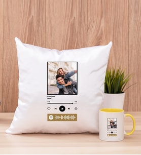 Kişiye Özel Spotify Tasarım Fotoğraflı Kare Yastık ve Sarı Kupa