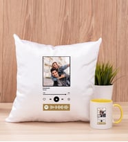 Kişiye Özel Spotify Tasarım Fotoğraflı Kare Yastık ve Sarı Kupa