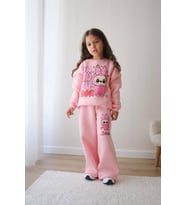 KIZ ÇOCUK LABUBU MODELLİ 3 İPLİK ŞARDONLU EŞOFMAN TAKIMI (Pembe)