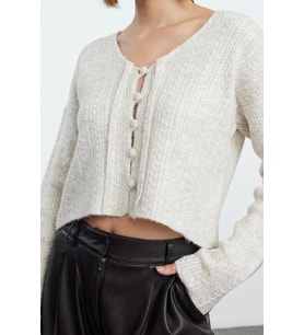 Kadın Modern Tarz Slim V Yaka Crop Triko Hırka (Taş)