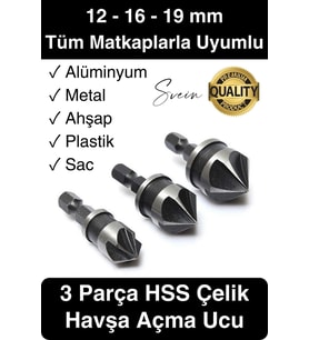 A Kalite 3 Parça Premium Havşa Açma Matkap Ucu Seti HSS Bits Uçlu Paslanmaz Çelik Kalın 12-16-19 mm