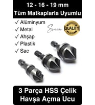 A Kalite 3 Parça Premium Havşa Açma Matkap Ucu Seti HSS Bits Uçlu Paslanmaz Çelik Kalın 12-16-19 mm
