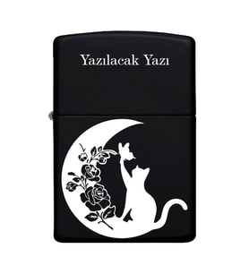Kedi Desenli Kişiye Özel İsimli Benzinli Siyah Metal Çakmak ZP176