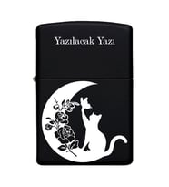 Kedi Desenli Kişiye Özel İsimli Benzinli Siyah Metal Çakmak ZP176