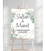 Söz Nişan Düğün İçin 50x70 Karşılama Panosu - Yeşil Çiçek Tasarımlı 001