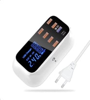 DooLike 8 Port USB Hızlı Şarj Cihazı QC 3.0 + Type-C Amper ve Voltaj Göstergeli Akım Korumalı Şarj İstasyonu (Parlak Beyaz)