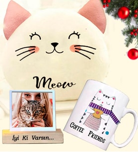 Kişiye Özel Fotoğraflı Sevimli Kedi Puf Yastık & Coffee Friends Cat Kedi Kupa Arkadaşa Hediye