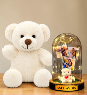 Kişiye Özel 3 Fotoğraflı Yazılı LED Işıklı Fanus ve Beyaz Peluş Ayıcık Hediye Seti (beyaz ayıcıklı)