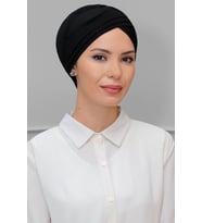 Siyah Pratik Hazır Geçmeli Tesettür Bone Sandy Kumaş Üç Çapraz 1803_01