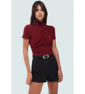 Polyester Elastan Örme Bluz Dik Yaka Fitted Kısa Kollu Yazlık Yüksek Kalite Rahat Kullanım