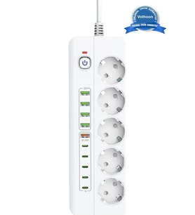3500W Akım Korumalı 5’li Grup Priz: 5x USB + 5x Type-C Çıkışlı (2 Metre) (Beyaz)