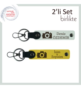 Fotoğraf Makinesi Motifli Sevgiliye Kalıcı Hediye, Yazılabilir Deri Anahtarlık Seti, Beyaz-Sarı