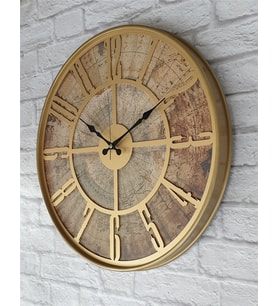 Markakanvas Altın(GOLD) Renk Metal Kasalı Eski Dünya Haritalı Duvar Saati (Çap 50 cm - 80 cm ) (Altın)