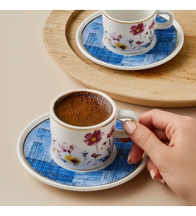 GÜRAL PORSELEN Mental 4 Parça 2 Kişilik Kahve Fincan Takımı 6709 Mavi