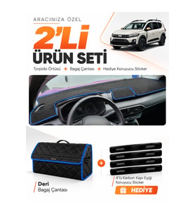 DACİA JOGGER EKRANSIZ (2022-2026) Uyumlu Torpido Örtüsü + Deri Bagaj Çantası + Sticker Seti - Siyah Mavi