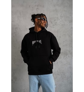 Erkek Kordon İpli Baskılı Kapüşonlu Sweatshirt - Siyah