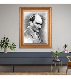 Altın Varaklı Çerçeveli Paspartulu Atatürk Tablo nl02A175 (Gold)