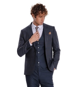 Ekose Ceketli Slim Fit Lacivert Erkek Takım Elbise - Wessi