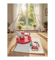 Hello Kitty Kırmızı Figürlü Türk kahvesi seti Etamin işlemeli peçeteli