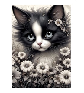 Beyaz Papatyalar Ve Kedi Art Mdf Poster