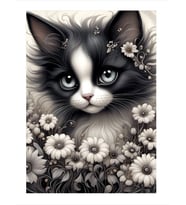 Beyaz Papatyalar Ve Kedi Art Mdf Poster