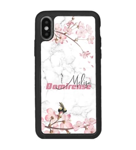iPhone X - Xs Uyumlu Mermerli Sakura Tasarımlı Glossy Telefon Kılıfı